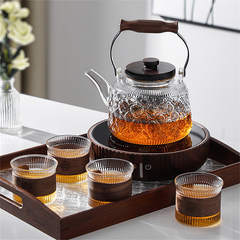 Tetera de vidrio con mango de nuez: hervidor de agua y juego de tazas de té, apto para calentar